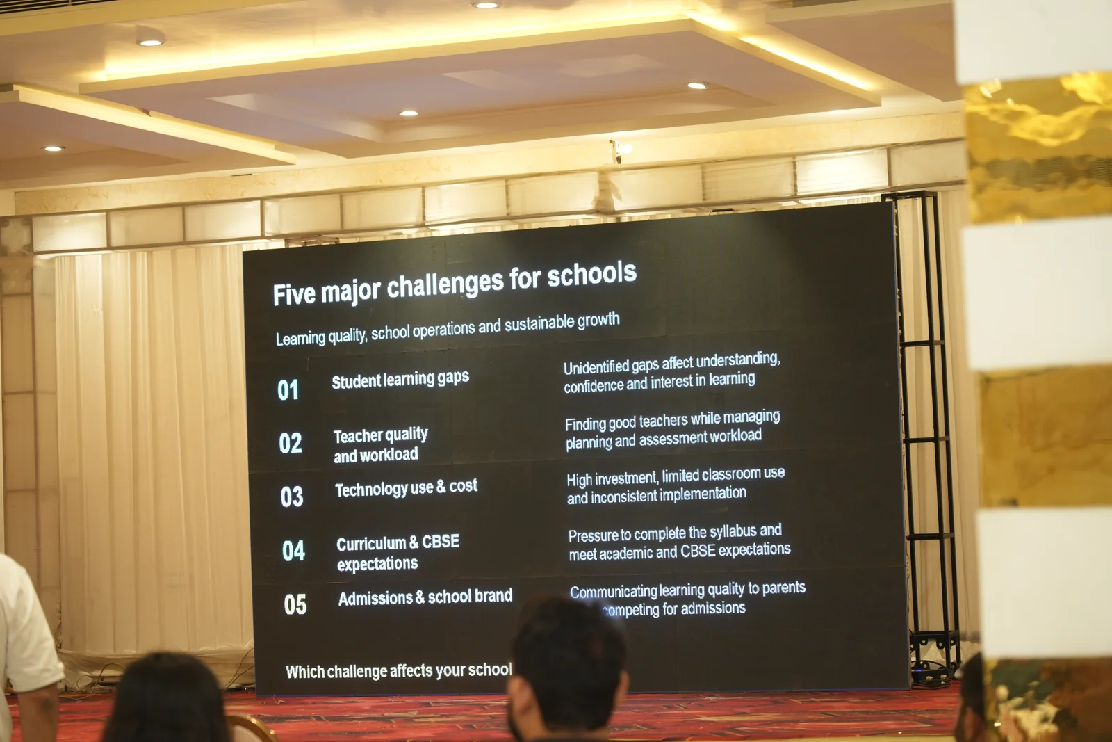 Main stage screen presenting five major challenges for schools: student learning gaps, teacher workload, technology costs