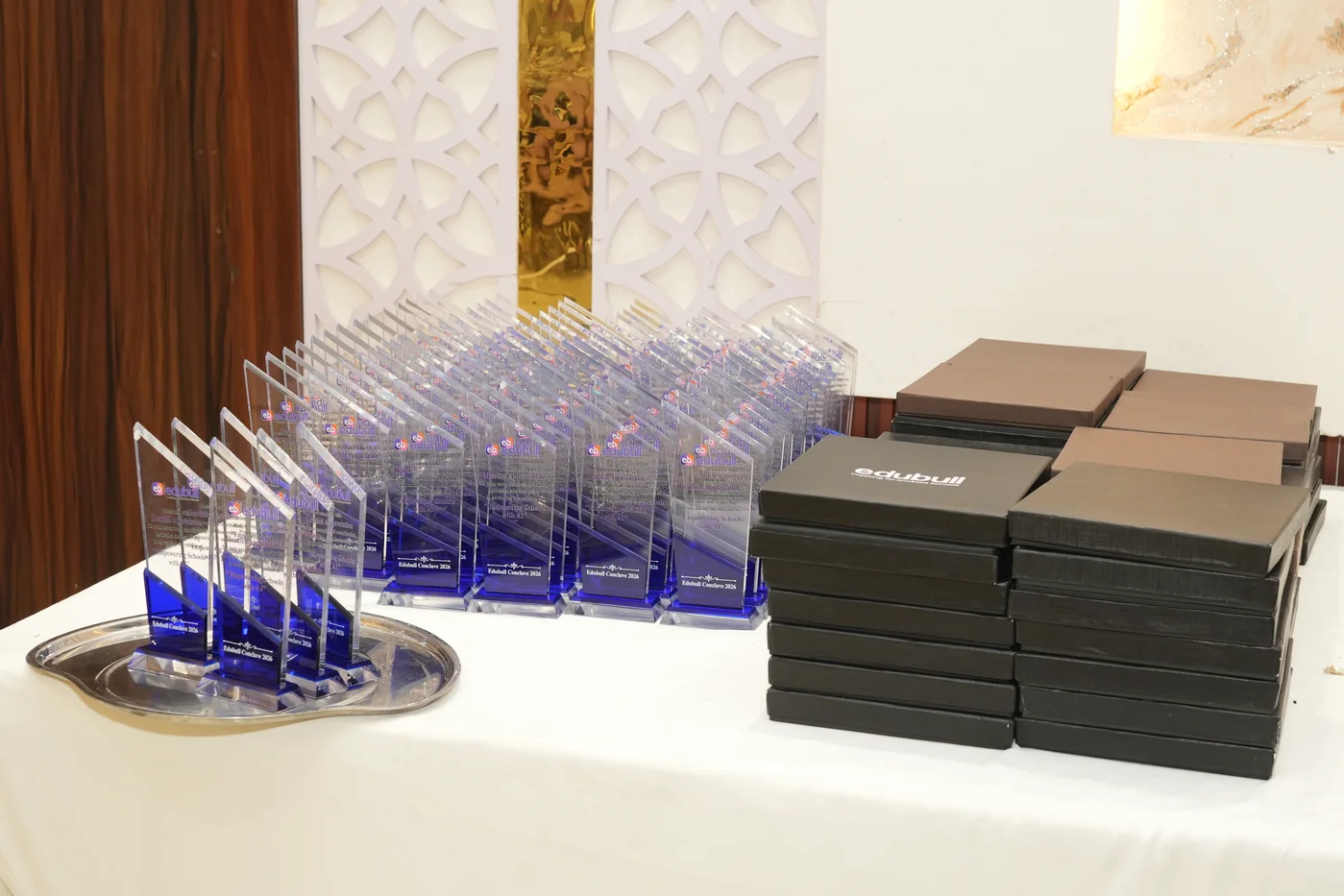 Edubull Conclave crystal leadership trophies and partner welcome kits