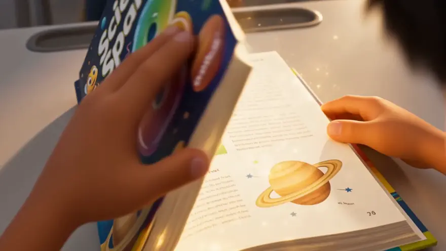 A 3D model of Saturn rising off a printed textbook page