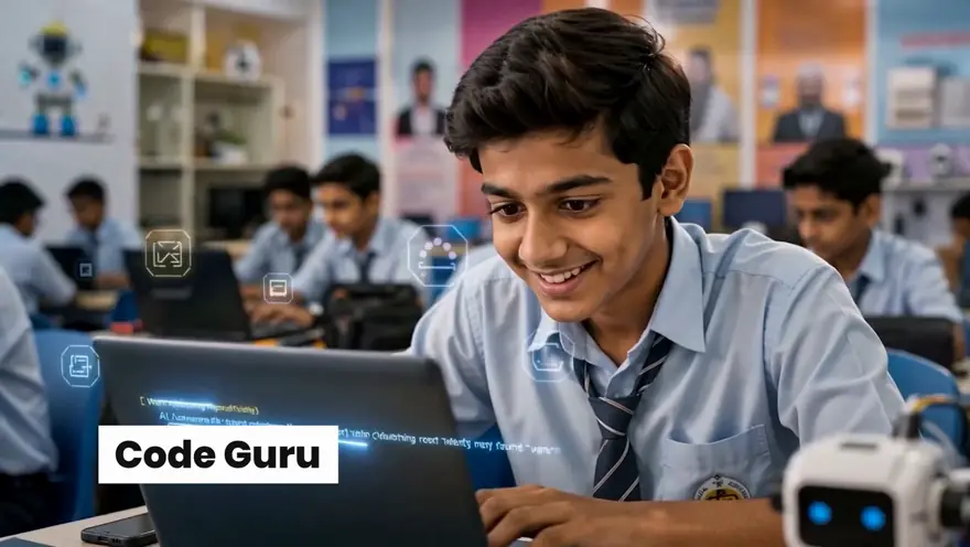 A student writing code beside a small classroom robot