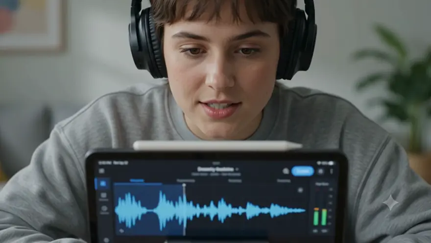 A student practising spoken English against a live waveform