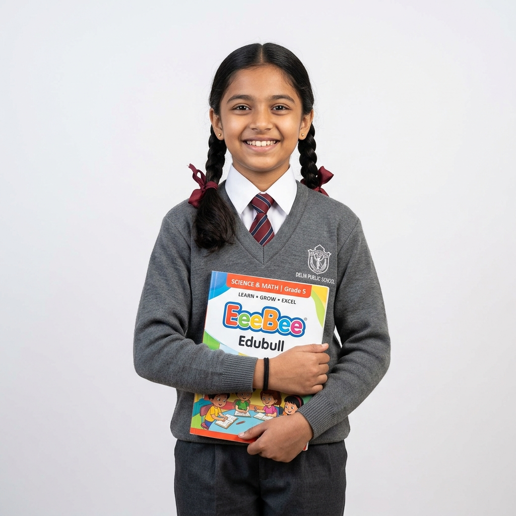 Student holding EeeBee textbook